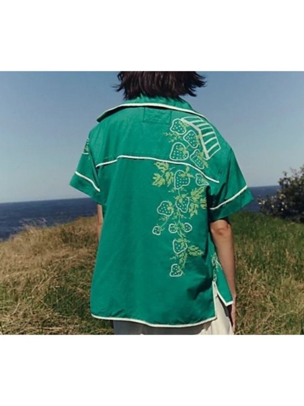 Free People Strawberry Shirt Green Embroidered Vintage Oversized Retro Womens XS